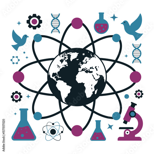 Science themed illustration with globe atom birds D N A and lab equipment