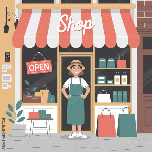 Shopfront with Smiling Shopkeeper and Open Sign store