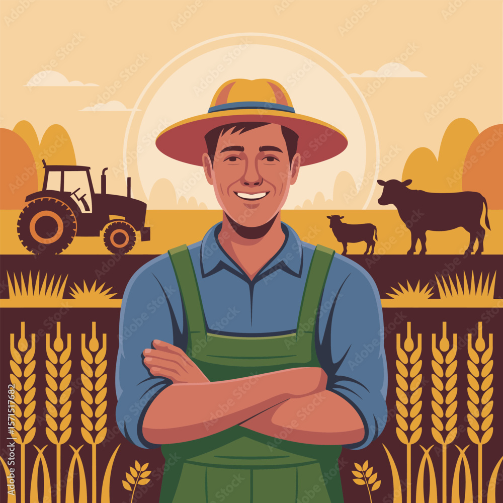 Obraz premium Smiling Farmer with Arms Crossed in Field with Tractor Cow and Wheat