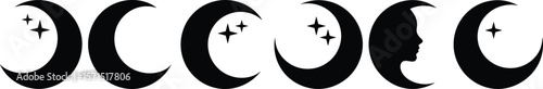 Set of mystical crescent moon silhouettes with stars and a female profile, symbolizing celestial beauty, dreams, spirituality, and nighttime magic.