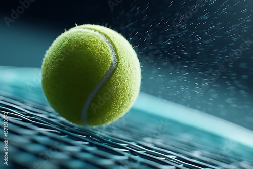 Intense tennis ball impact on racket strings, symbolizing precision, power, and the dynamic energy of compet, symbolizing dynamic action, precision in sports. Ideal for athletic themes.
