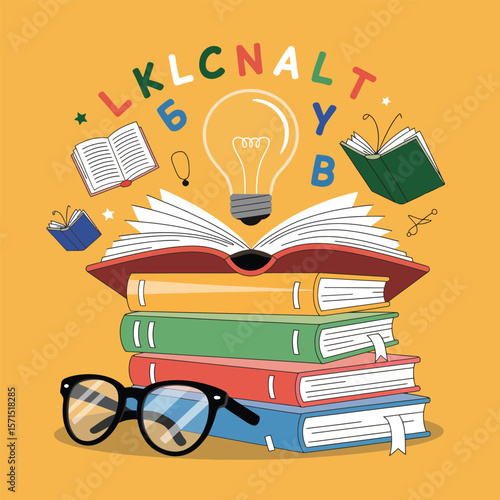 Stack of Books with Lightbulb and Glasses on Orange Background
