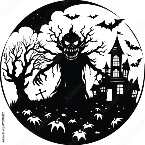 Spooky Halloween night with a haunted house, full moon, flying bats, and a scary pumpkin silhouette