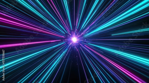 Bright neon lines radiate from a central point against a dark background, creating a dynamic, futuristic light burst effect.