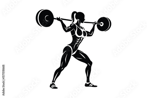 muscular woman powerlifting weight, barbell, weightlifting, athletic, fit, silhouette, black and white, detailed, digital illustration