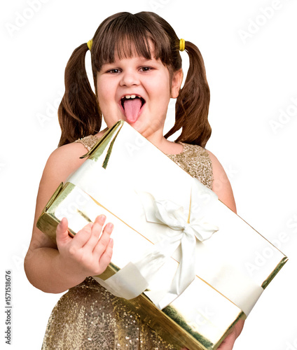 Joyful young girl with pigtails in sparkling dress holding a wrapped gift box and laughing, isolated on transparent cutout background.
