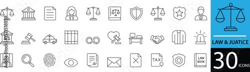 Minimal Law and Justice Line Icon Set 30 Clean Outline Designs for Legal, Court, and Government Use