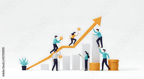 Team climbing arrow representing business growth and financial success