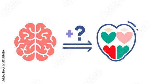 Brain plus question mark equals heart with love emotion concept for mental health and emotional intelligence