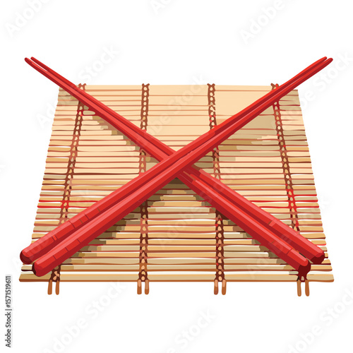 Bamboo Mat Crossed Red Chopsticks Utensil - Vector Illustration