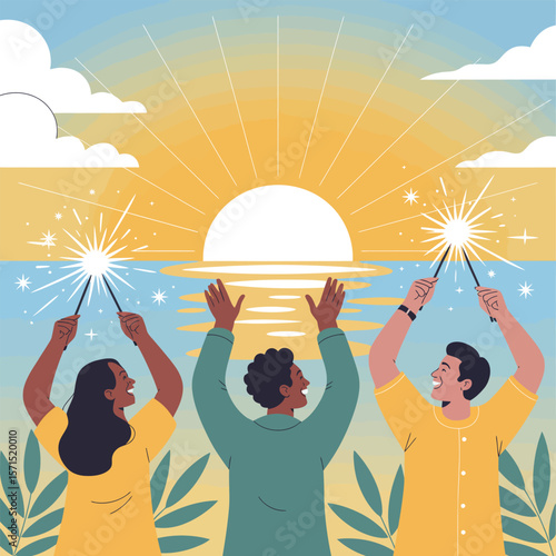 Three people holding sparklers celebrating under a sunset sky illustration