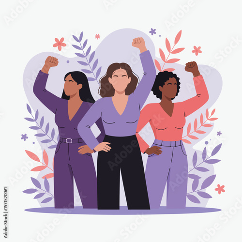 Three women with raised fists in purple and coral clothing with floral elements