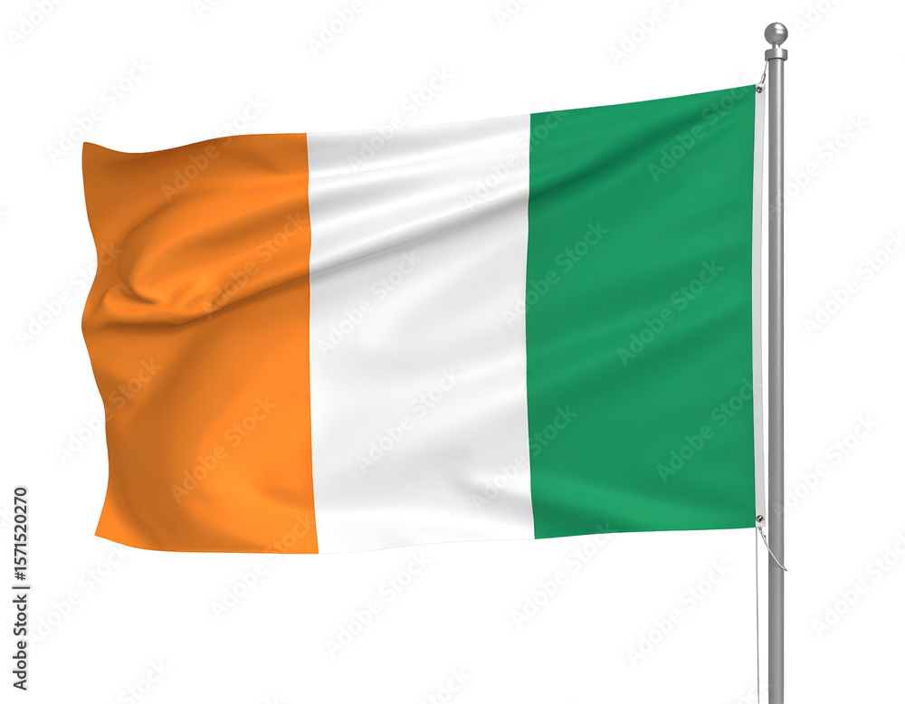 Obraz premium A vibrant orange, white, and green tricolor flag proudly waves on a silver flagpole.