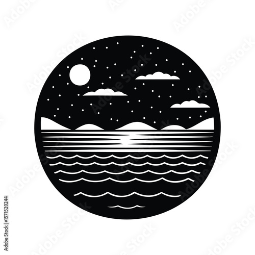 Monochrome depiction of a serene seascape under a starry night sky