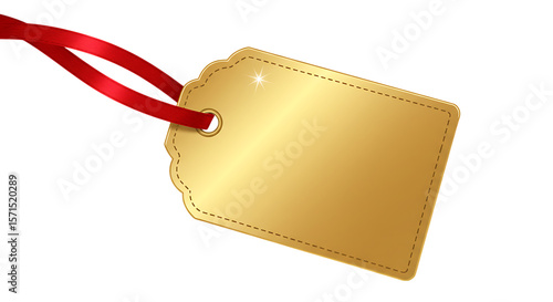 Elegant golden gift tag with a bright red satin ribbon attached perfect for branding and promotions isolated on white background