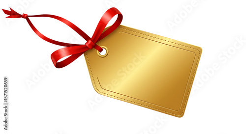 Elegant golden gift tag with a luxurious red satin ribbon tied in a perfect bow isolated on white background