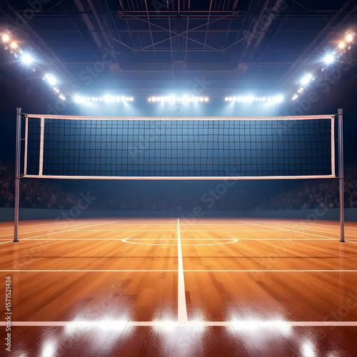 A volleyball net stands centered on a shiny wooden court under bright stadium lights in an indoor arena