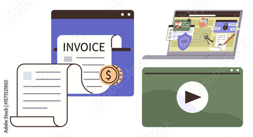 Financial invoice with dollar coin, laptop showing digital security tools, green screen with play button. Ideal for finance, security, online services, multimedia, productivity, digital tools