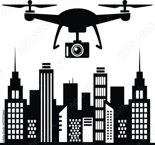 A black silhouette of a drone over a city skyline isolated on white
