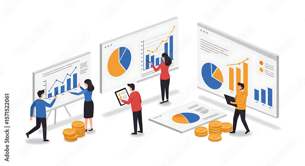 Business team reviewing financial reports and charts for market analysis Business team reviewing financial reports and charts for market analysis