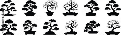 Set of various bonsai tree silhouettes in traditional pots, symbolizing harmony, nature, cultivation, and Zen aesthetic in Japanese art.