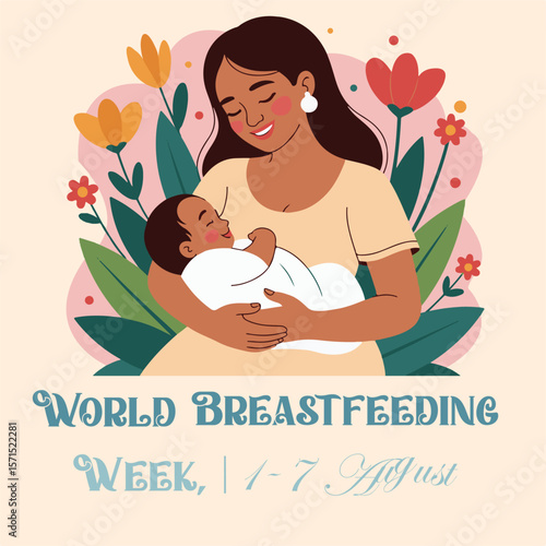 World Breastfeeding Awareness Cartoon Illustration for Poster or Flyer, Mother and Baby Nursing Poster | Support Breastfeeding
