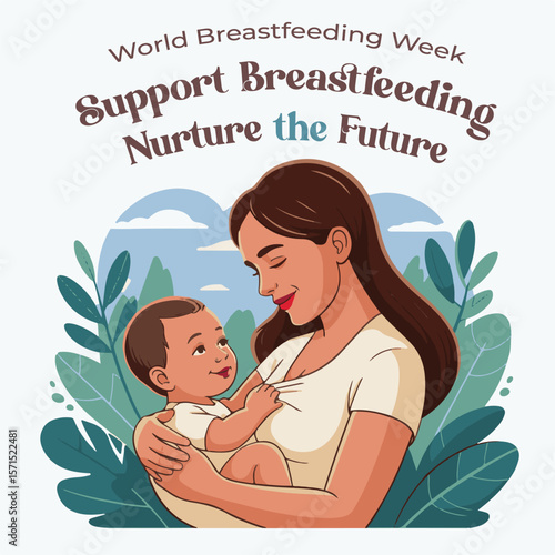 World Breastfeeding Awareness Cartoon Illustration for Poster or Flyer, Mother and Baby Nursing Poster | Support Breastfeeding