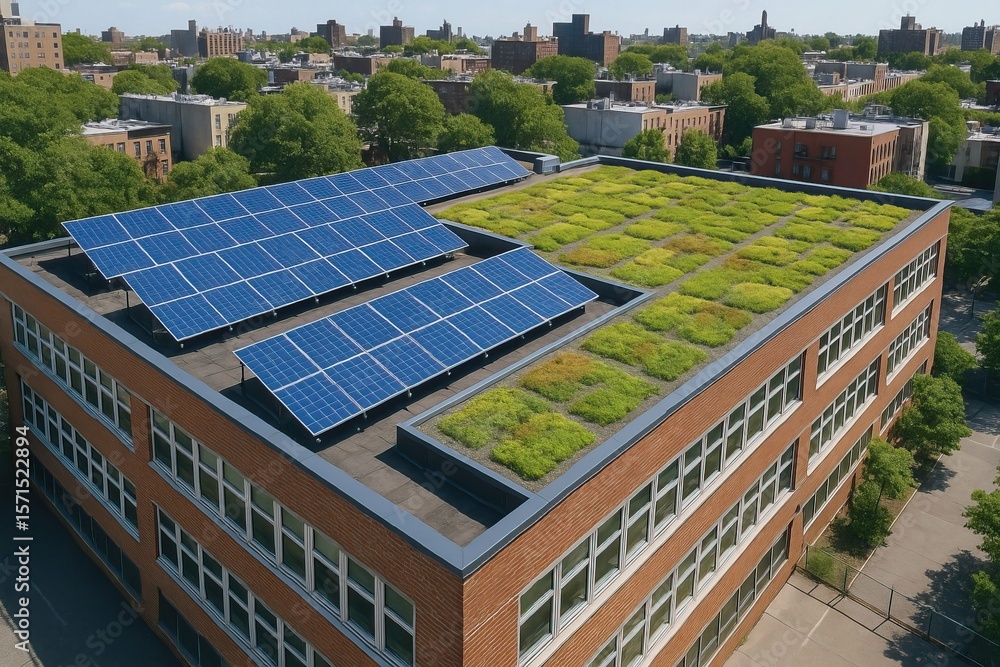 Small-scale renewables support local, sustainable energy solutions. A rooftop garden and solar panels installed on a large brick building in an urban setting Small-scale renewables support local, sustainable energy solutions. A rooftop garden and solar panels installed on a large brick building in an urban setting