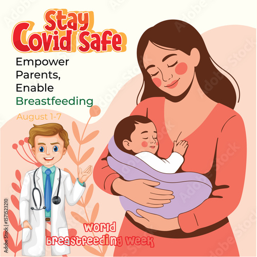 World Breastfeeding Awareness Cartoon Illustration for Poster or Flyer, Mother and Baby Nursing Poster | Support Breastfeeding