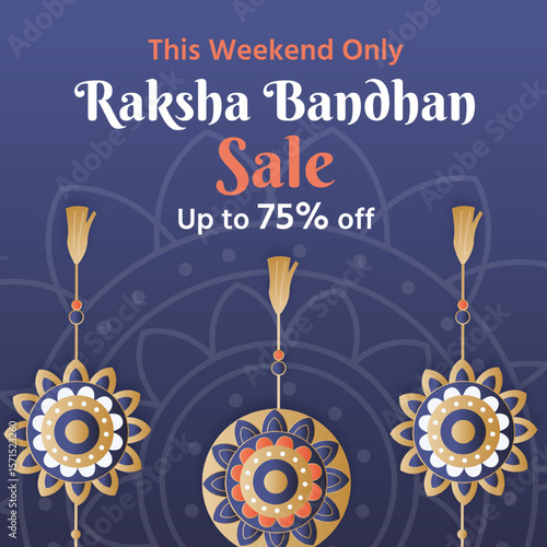 Advertisement design features a festive Raksha Bandhan theme with decorative Rakhis. Bold text at the top highlights a weekend sale offers discounts up to 75% off. Vector Illustration.