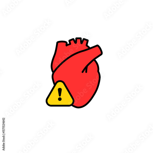 Red anatomical heart paired with a warning icon suggests medical caution or health alert message.
