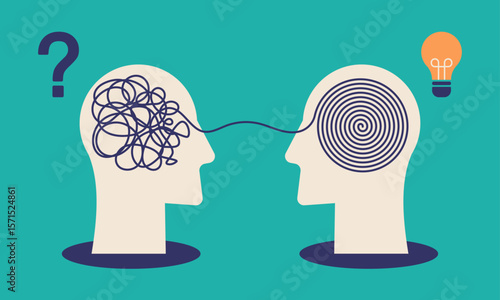Human heads with tangled chaos disorder turns into order. Mental Health Awareness month. Psychologist, coach, mentor finding solution for problem. Vector illustration 