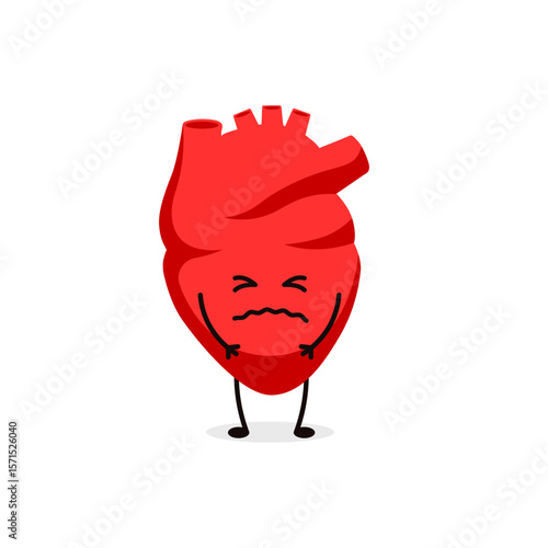 Red anatomical-shaped heart cartoon with a frown, conveying a strong feeling or emotion vividly.