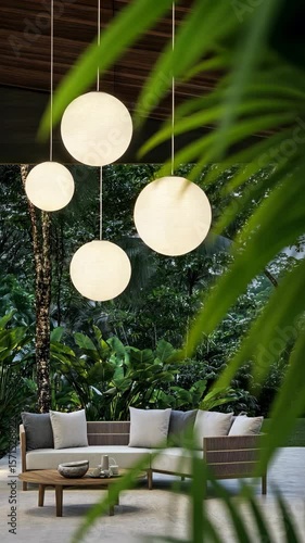 Modern lounge area showcases stylish lighting and comfortable seating surrounded by vibrant greenery perfect for relaxation