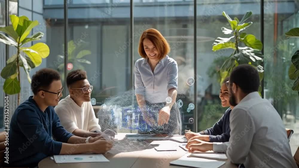 Woman presents holographic project to diverse team in modern office Woman presents holographic project to diverse team in modern office