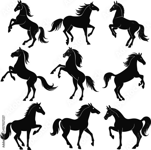 Horse silhouette bundle set vector A collection of 9 black horse silhouettes in various poses, including jumping, standing, sitting, and digital use with white background 