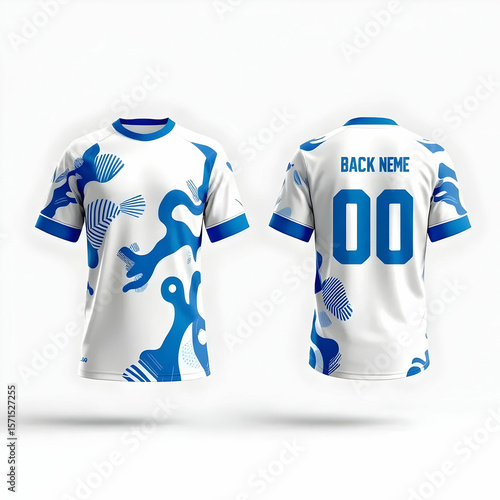 Front and back view of a white jersey with blue abstract designs and back name and number displayed