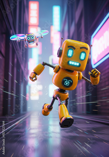 3D Cartoon Robot Running in Futuristic Neon City with Flying Drone. Generative AI