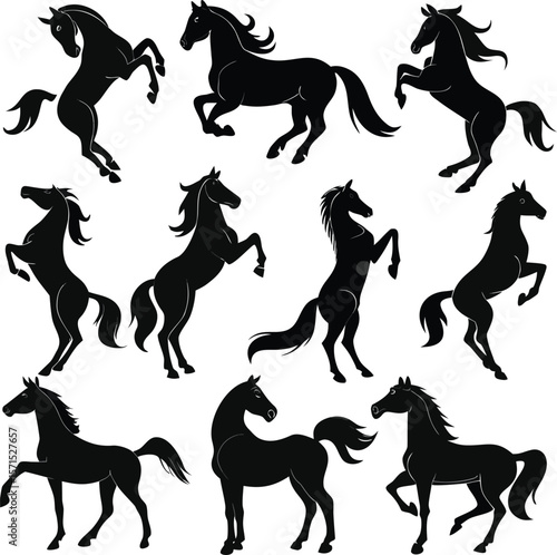 Horse silhouette bundle set vector A collection of 9 black horse silhouettes in various poses, including jumping, standing, sitting, and digital use with white background 