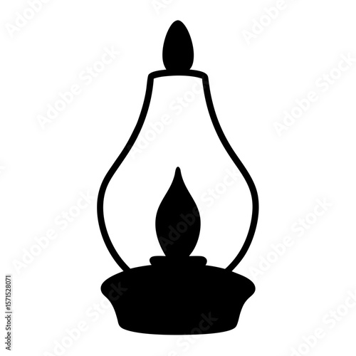 Black silhouette of an oldfashioned oil lamp with flickering flame