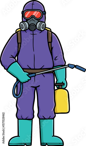 Person in purple protective suit with gas mask holding yellow sprayer vector illustration 