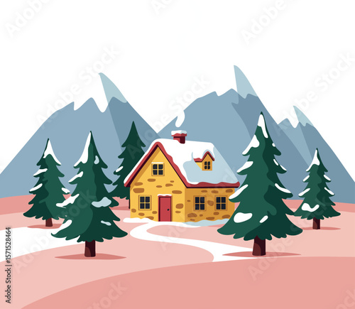 Mountain cabin winter landscape with snow covered pine trees and pathway vector illustration 