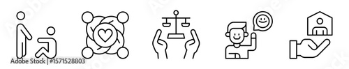 Conjunto de iconos de valores sociales. Apoyo entre personas. Ayuda solidaria, unión, justicia, actitud positiva y protección. Ilustración vectorial