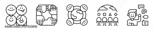 Conjunto de iconos de diversidad cultural. Distintas culturas, idiomas y orígenes. Rostros diversos, manos unidas, comunidad global, integración cultural y comunicación 