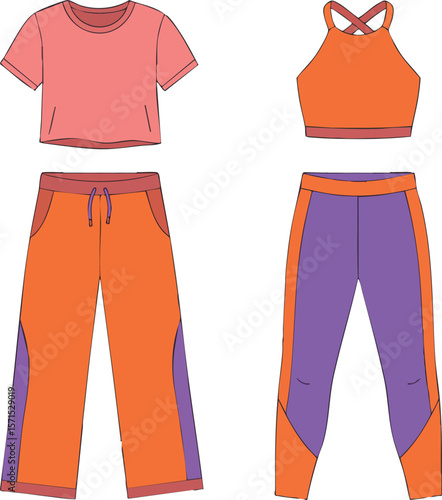 Women’s activewear outfit set with orange and purple sports bra and pants vector illustration 