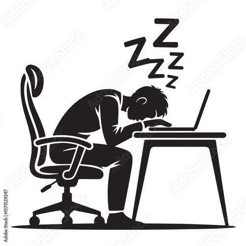 Man working on a laptop at a desk and sleep in an office setting