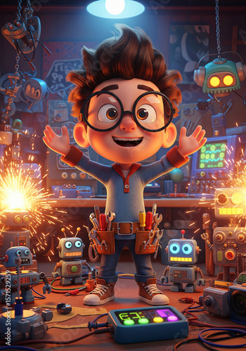 Cute 3D Cartoon Kid Inventor with Robots in a Colorful Workshop. Generative AI