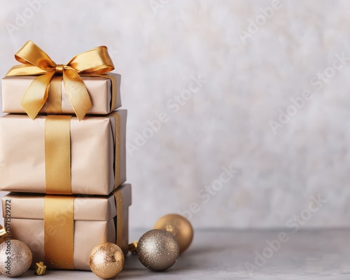 Three gold-wrapped gifts stacked with golden ribbons and bows, surrounded by gold Christmas ornaments on a light gray surface with a blurred background.