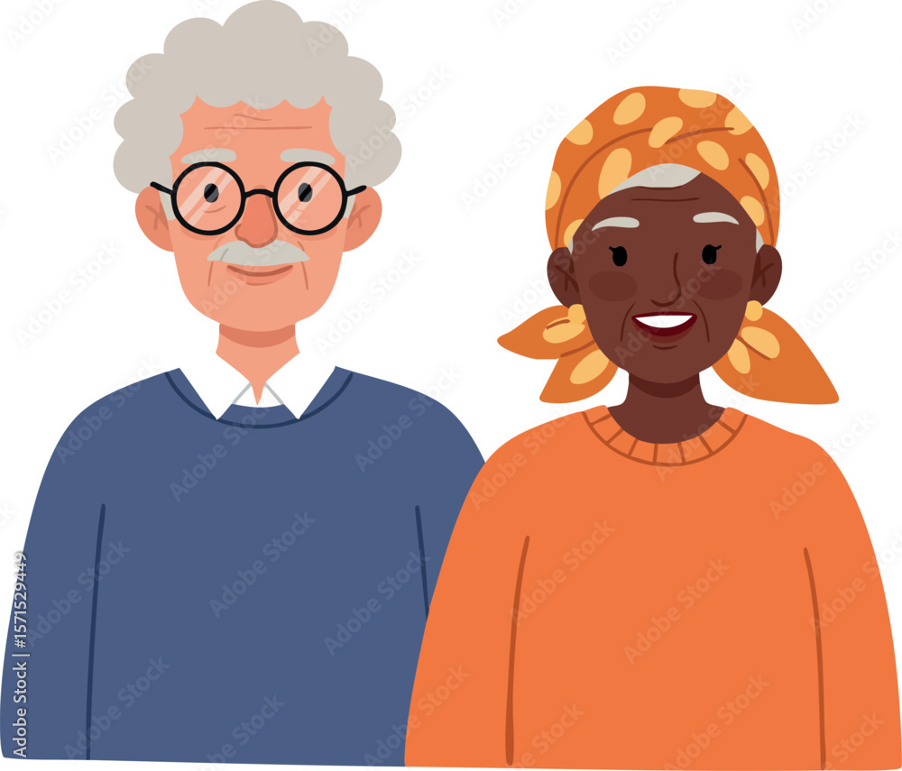 Fototapeta premium Senior couple smiling together wearing glasses and headscarf in casual clothes vector illustration 