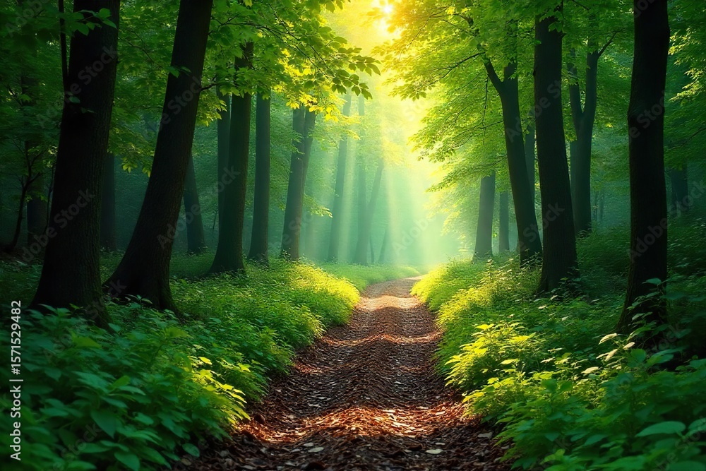 Obraz premium Sun-Dappled Forest Path A Magical Journey Through Lush Green Foliage, Perfect for Nature, Travel, and Adventure Photography